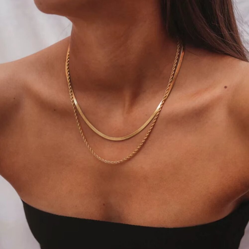 18k Gold Snake Chain & Rope Chain Layered Necklace Minimalist Layer Necklace - Picture 1 of 6